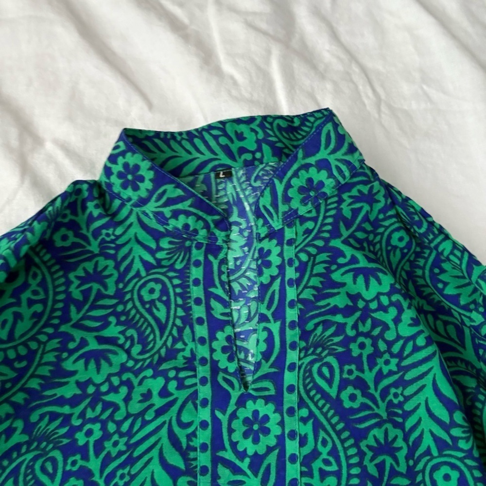 Green Blue Tunic Mini Shift Dress Large 3/4 sleeves boho chic paisley v neck - Picture 2 of 5